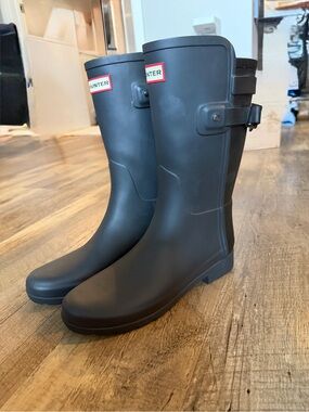 Hunter Short Matte Charcoal Waterproof Rain Boots Wellington Backstrap US 7